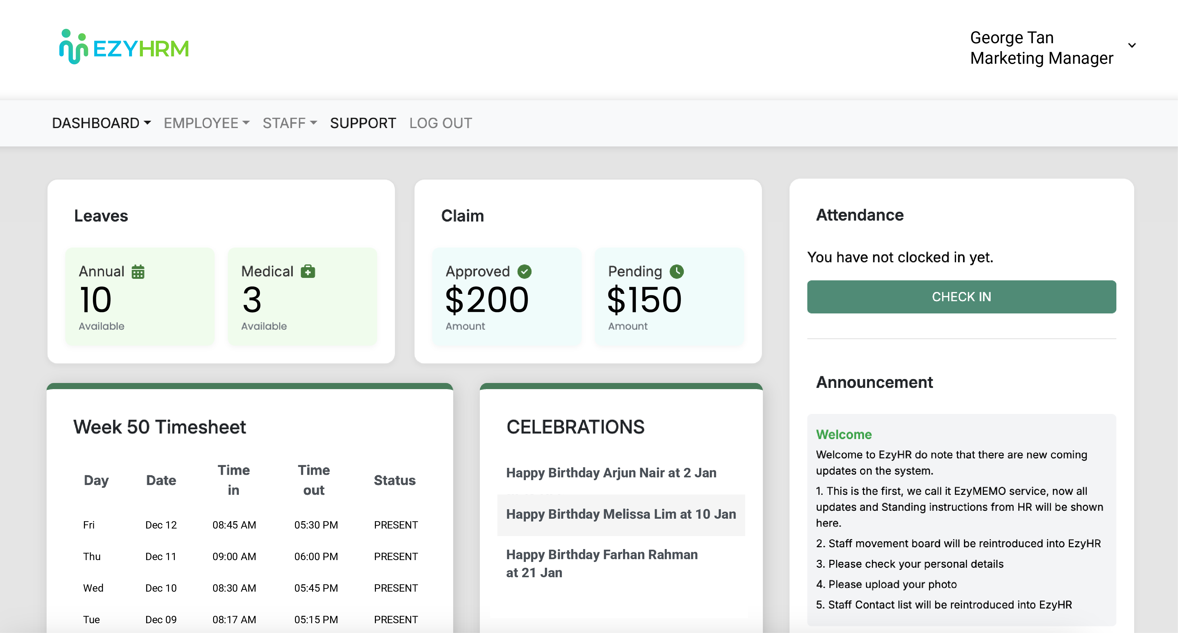 Cuplikan dashboard EzyHRM